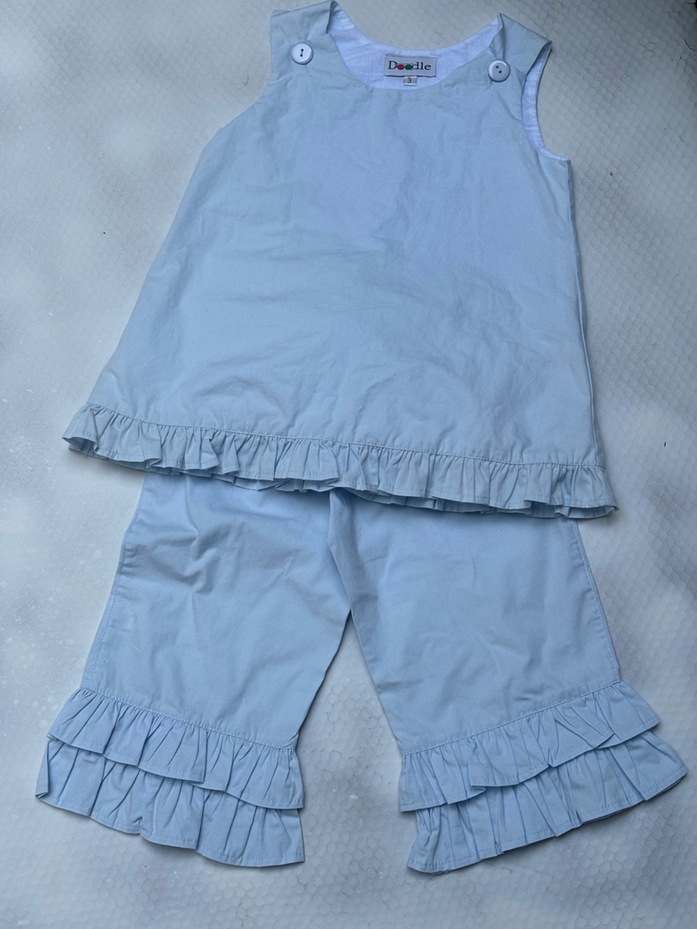 Doodle Beach Cottagecore 2 Piece Ruffle Pants Set Baby Blue Girls Size 3